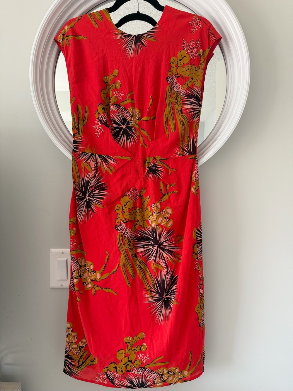 Whistles Coral Red Silk Cactus Print Midi Bodycon Side Pleat Zip Dress 6